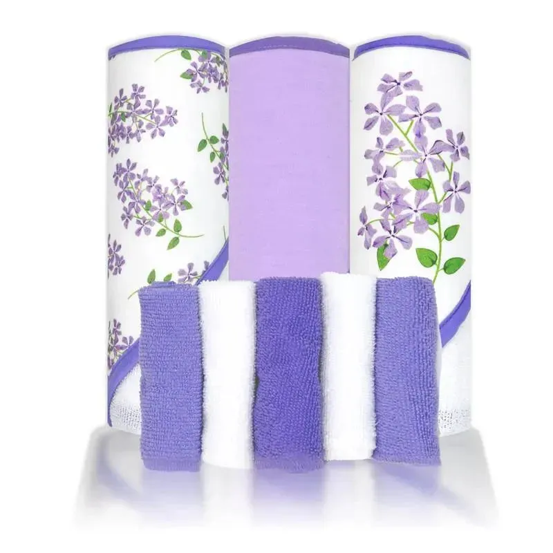 Rose Textiles - 8Pc Bath Set - 5 Hooded Towels W/ 3 Washcloths, Purple Floral