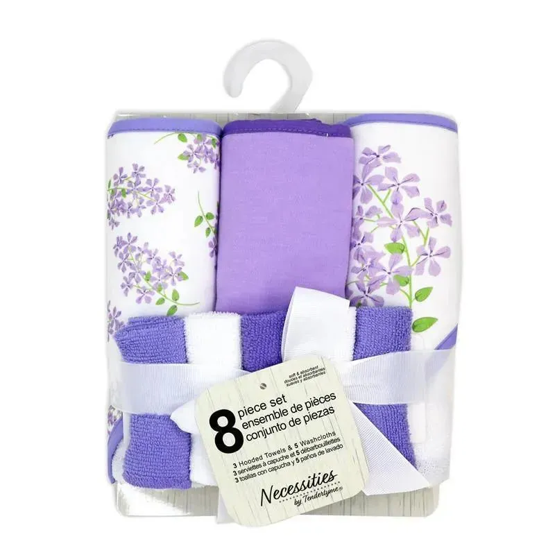 Rose Textiles - 8Pc Bath Set - 5 Hooded Towels W/ 3 Washcloths, Purple Floral - Image 2