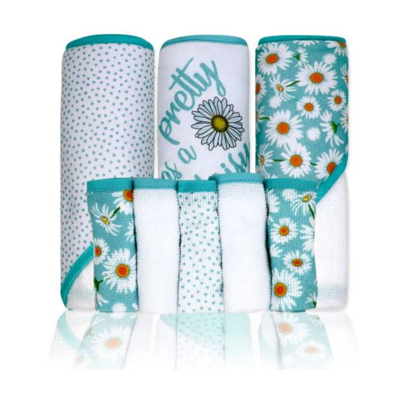 Rose Textiles - 8Pk Baby Hooded Towel Set, Aqua Pretty As A Daisy