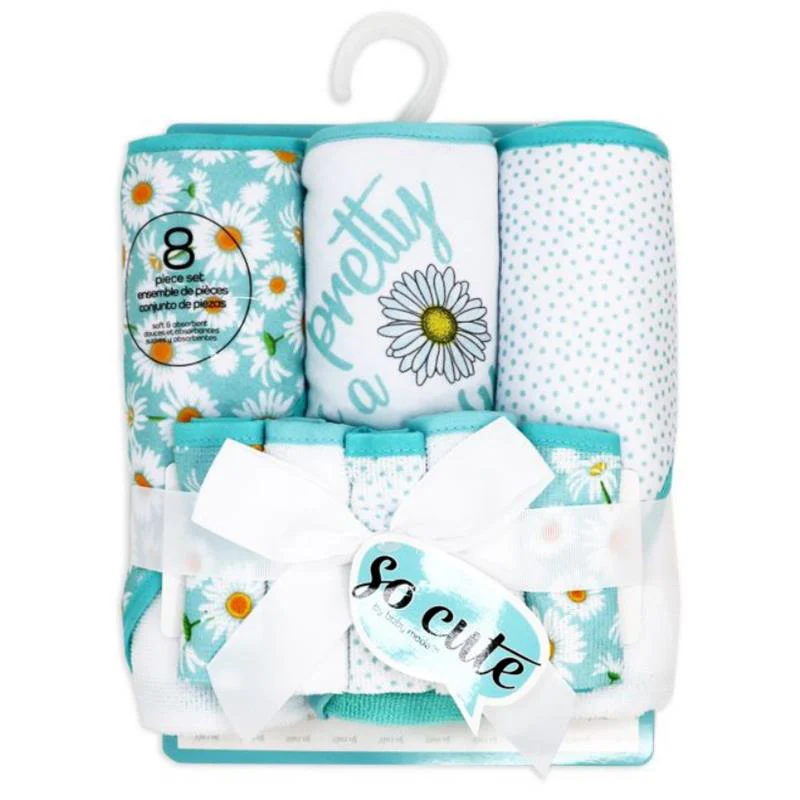 Rose Textiles - 8Pk Baby Hooded Towel Set, Aqua Pretty As A Daisy - Image 2