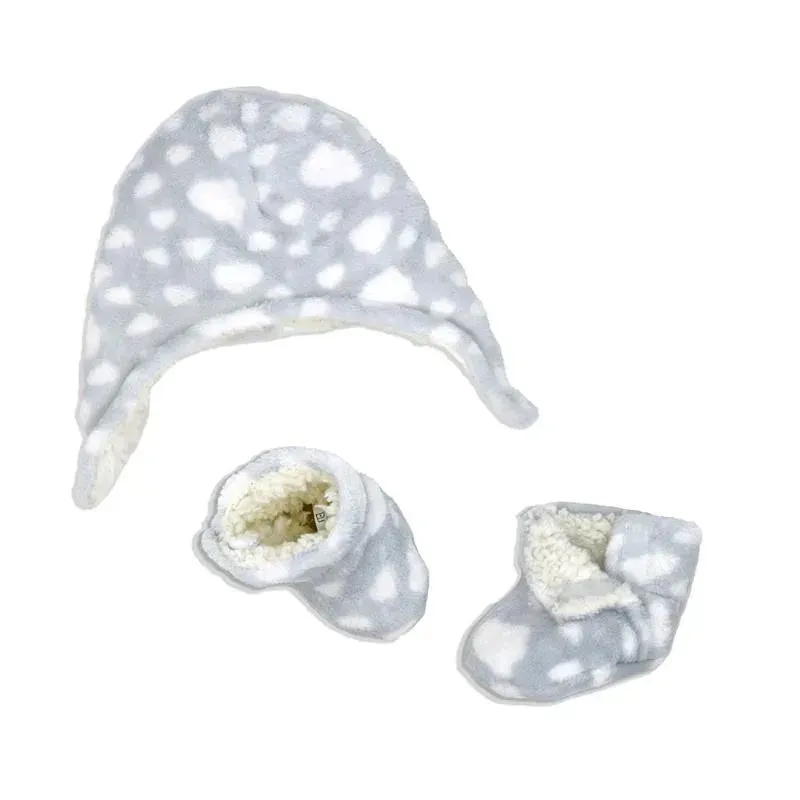 Rose Textiles - Baby All Over Print Plush Hat & Bootie Set, Grey