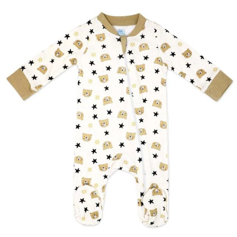 Rose Textiles - Baby Neutral Interlock Coverall Tan Family Bear