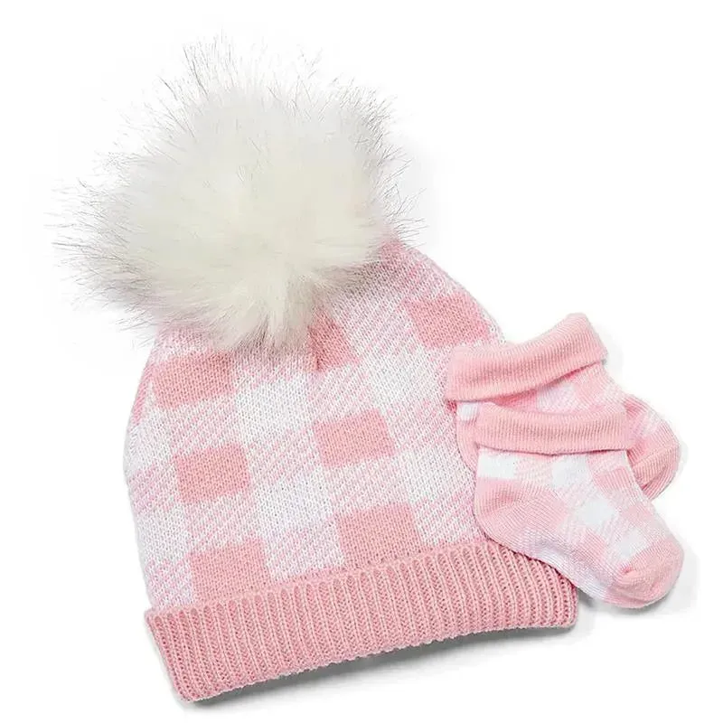 Rose Textiles - Pink Buffalo Check Faux Fur Pom-Pom Beanie & Booties