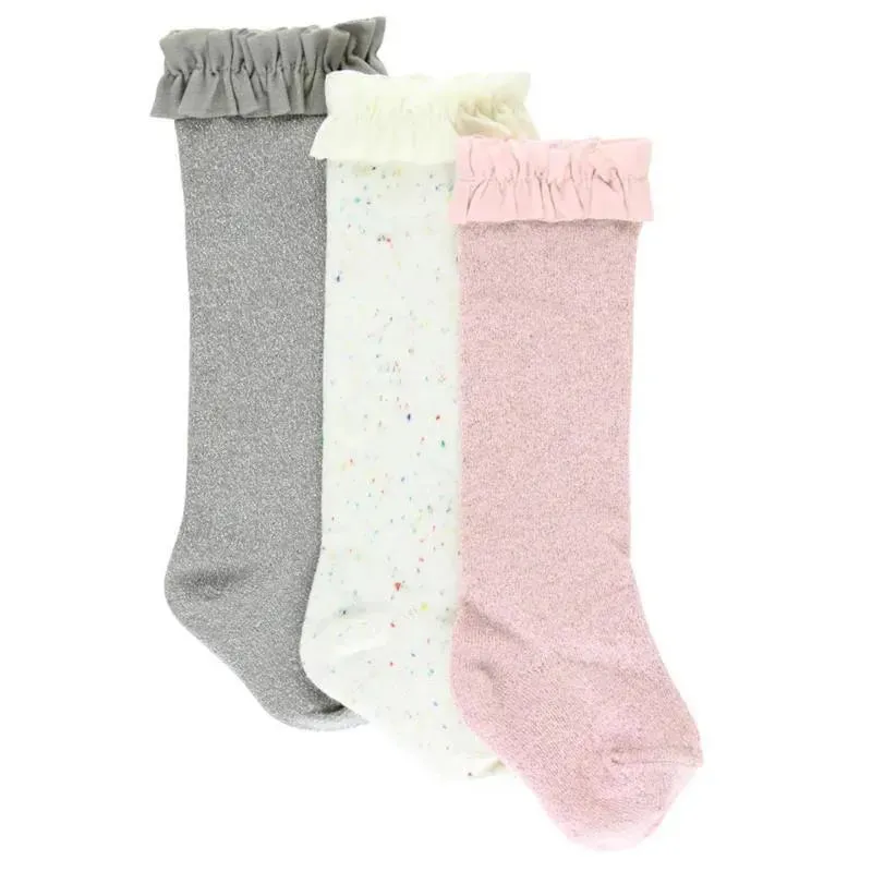Rufflebutts - 3Pk Confetti Ivory, Sparkle Gray & Ballet Pink Socks