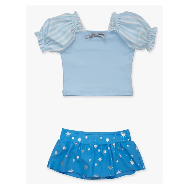 Rufflebutts - Baby Girl Blue Puffed Sleeve Skirted 2 Piece Swimsuit - Image 2