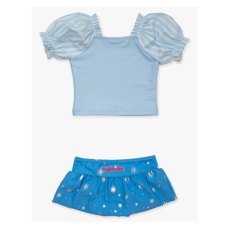 Rufflebutts - Baby Girl Blue Puffed Sleeve Skirted 2 Piece Swimsuit - Image 3