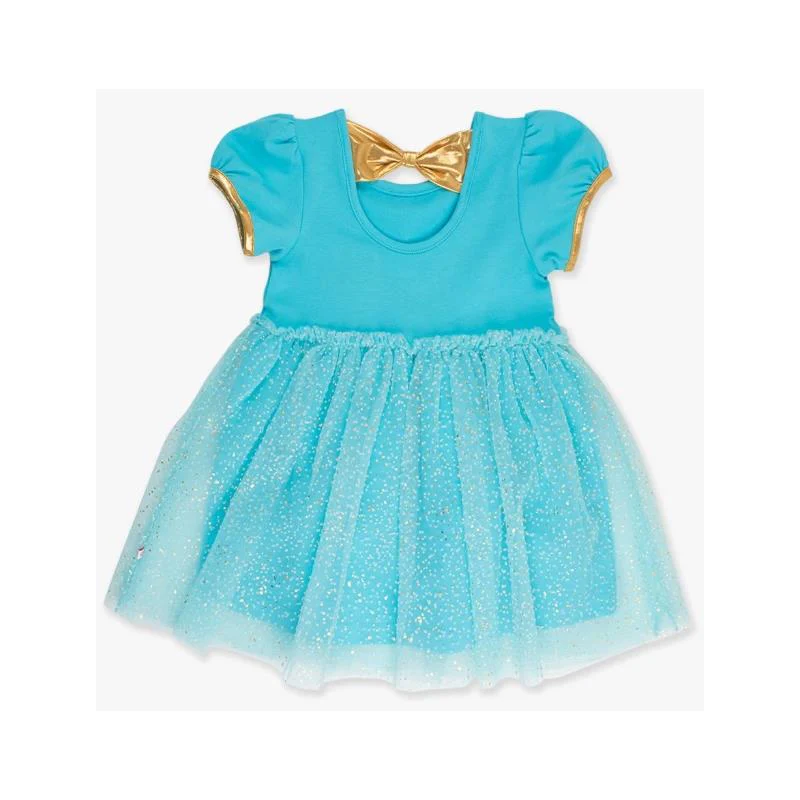 Rufflebutts - Baby Girl Blue Short Sleeve Bow Twirl Dress - Image 3