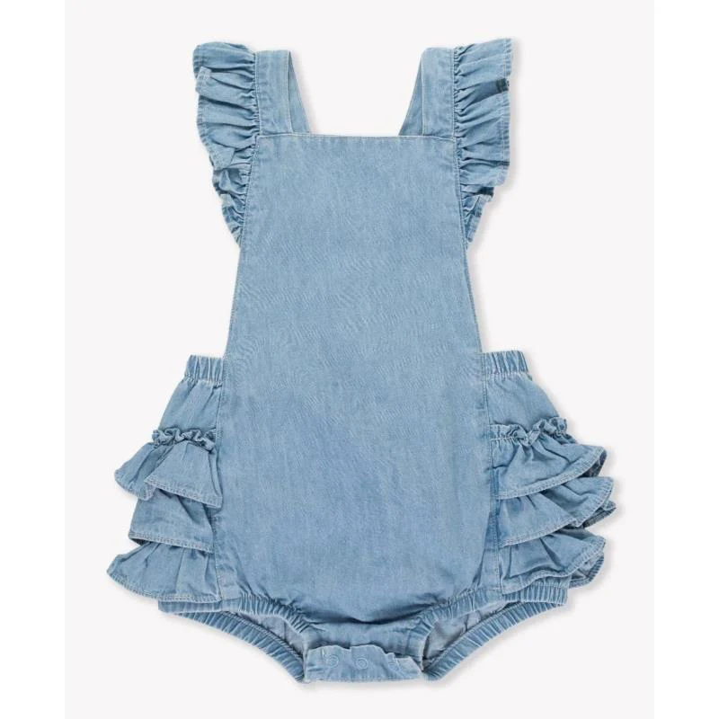 Rufflebutts - Baby Girl Light Wash Flutter Overall Rumper - Image 2