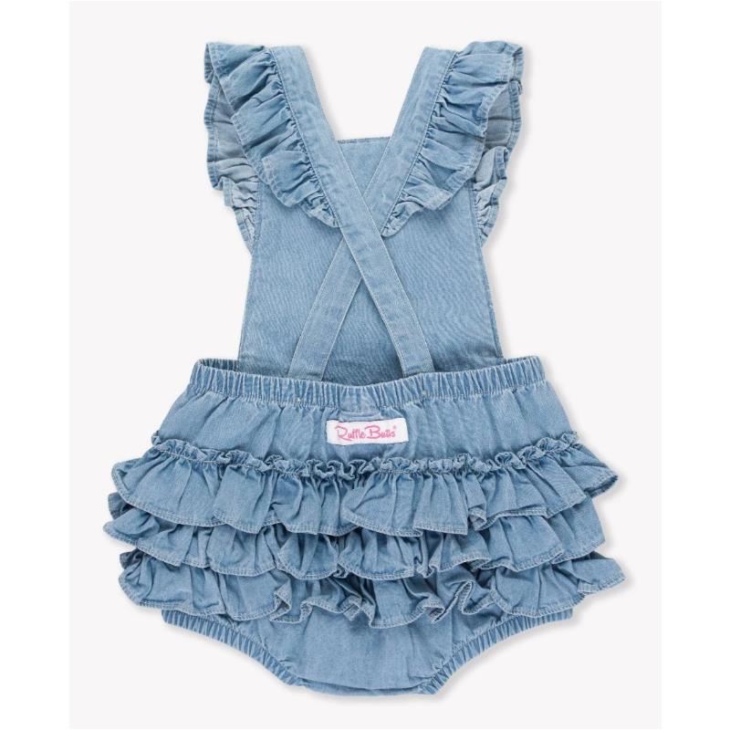 Rufflebutts - Baby Girl Light Wash Flutter Overall Rumper - Image 4