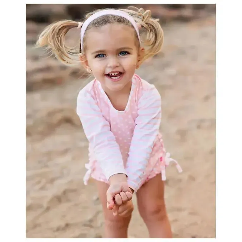 RuffleButts - Baby Girl Long Sleeve One Piece Rash Guard, Pink Polka - Image 2