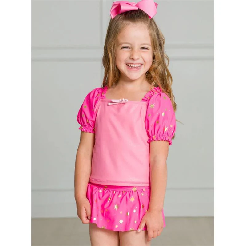 Rufflebutts - Baby Girl Puff Sleeve Skirted 2 Piece Swimsuit Royal Pink Princess
