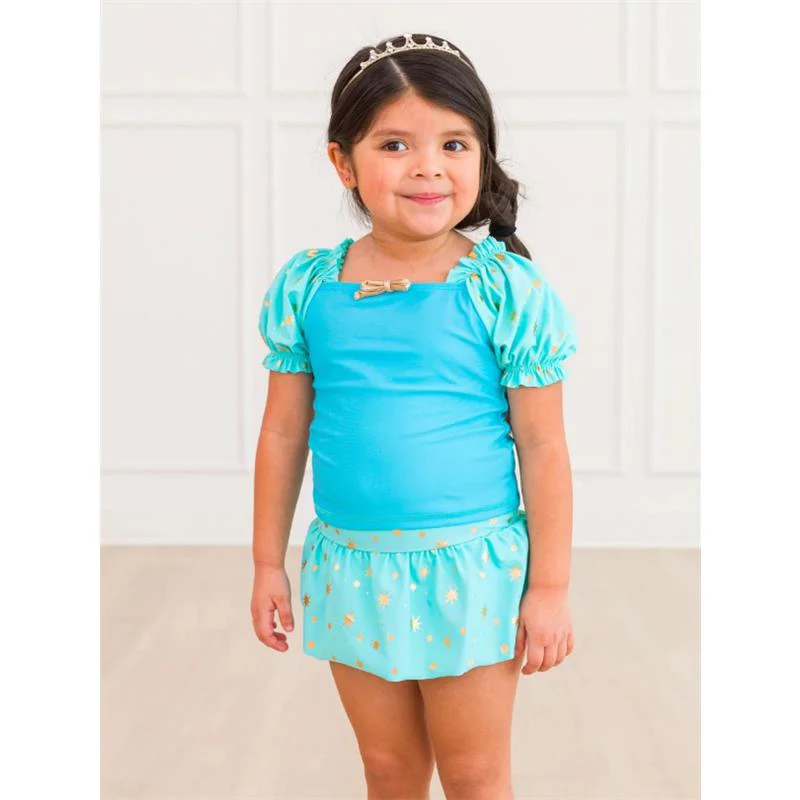 Rufflebutts - Baby Girl Puff Sleeve Skirted 2-Piece Swimsuit Teal Golden Princess