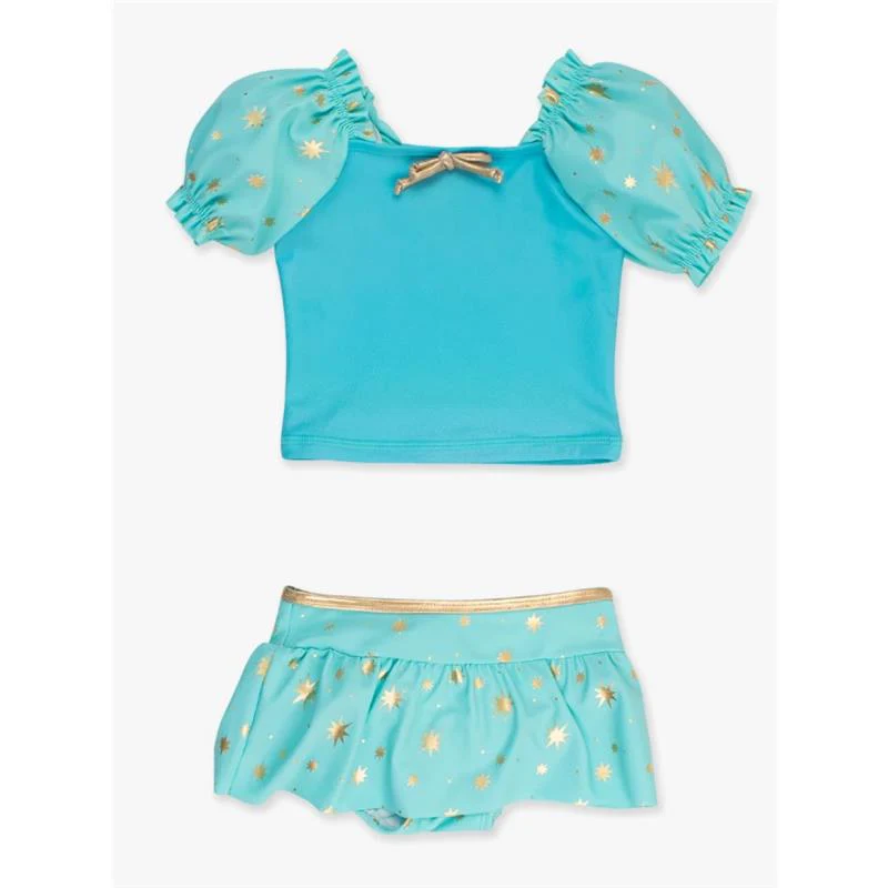 Rufflebutts - Baby Girl Puff Sleeve Skirted 2-Piece Swimsuit Teal Golden Princess - Image 2