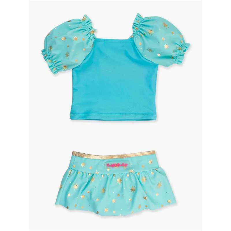 Rufflebutts - Baby Girl Puff Sleeve Skirted 2-Piece Swimsuit Teal Golden Princess - Image 3