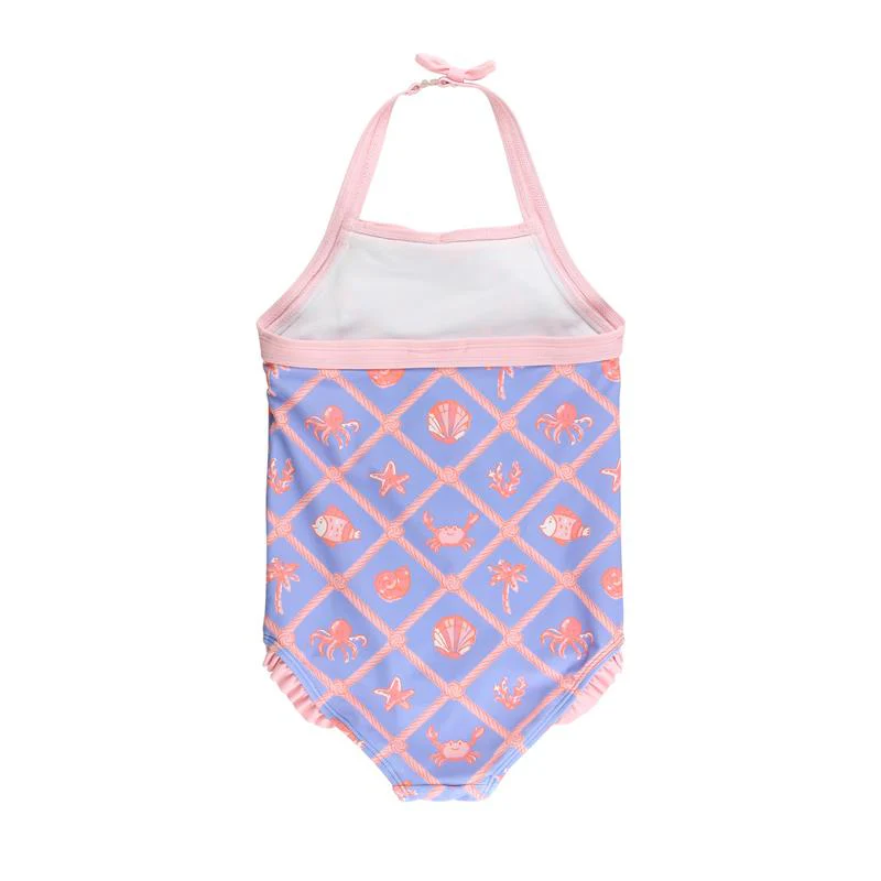 RuffleButts Baby Girl Seersucker One Piece Rash Guard, Lilac - Image 4