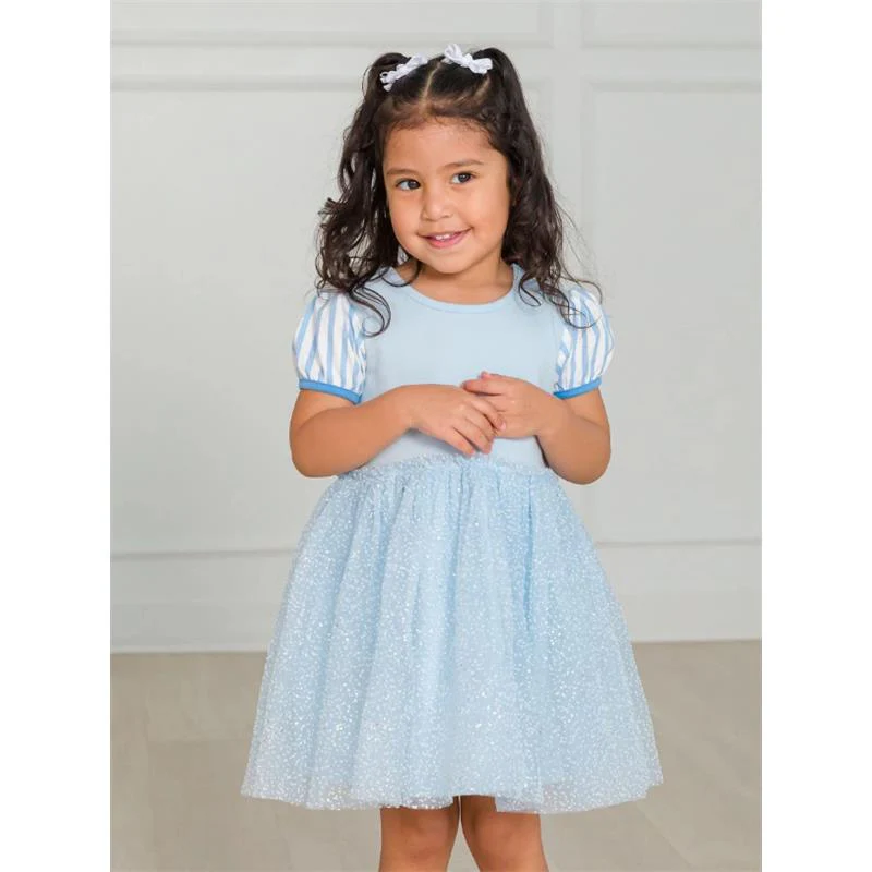 Rufflebutts - Baby Girl Short Sleeve Princess Bow Twirl Dress Crystal Blue Princess