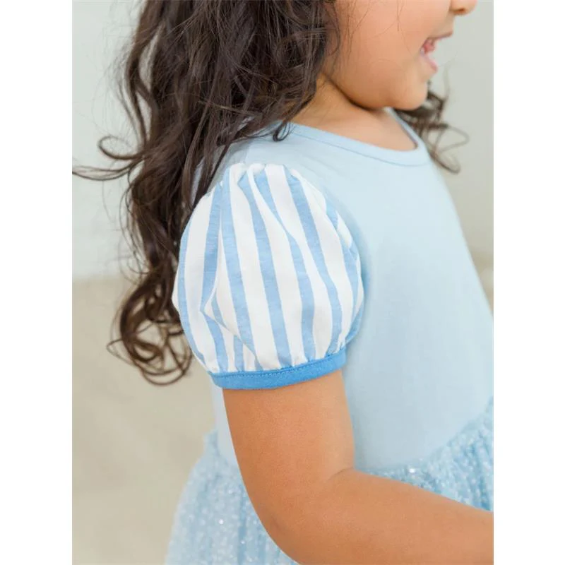 Rufflebutts - Baby Girl Short Sleeve Princess Bow Twirl Dress Crystal Blue Princess - Image 4