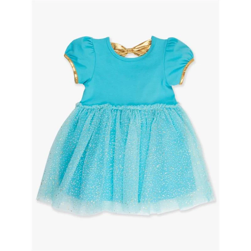 Rufflebutts - Baby Girl Short Sleeve Princess Bow Twirl Dress Teal Golden Princess - Image 2