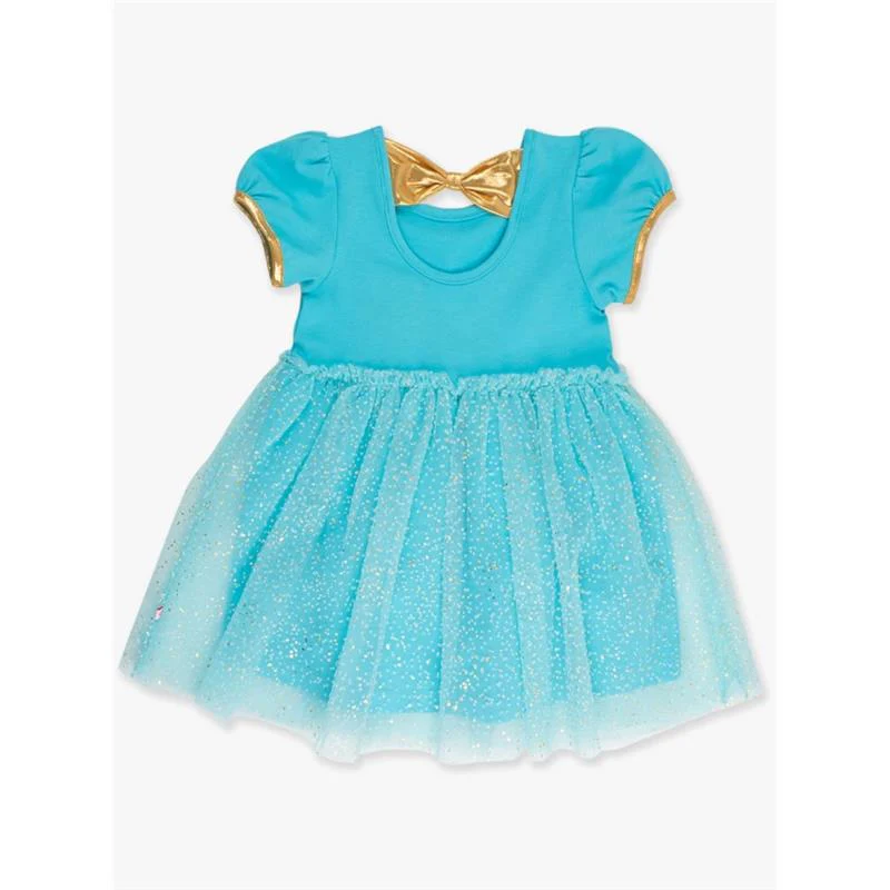 Rufflebutts - Baby Girl Short Sleeve Princess Bow Twirl Dress Teal Golden Princess - Image 3