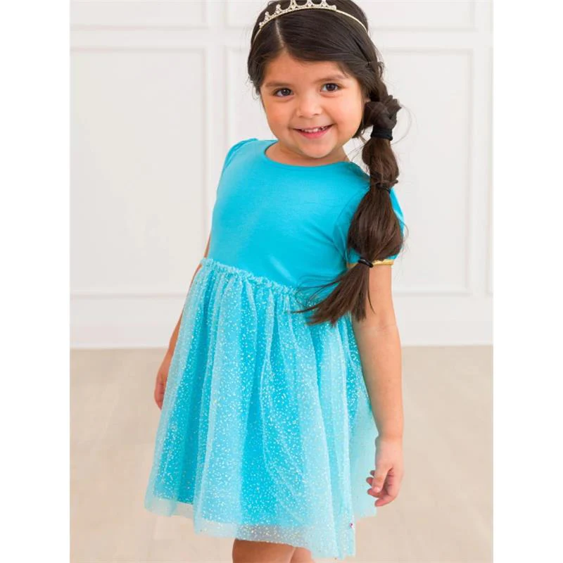 Rufflebutts - Baby Girl Short Sleeve Princess Bow Twirl Dress Teal Golden Princess - Image 4