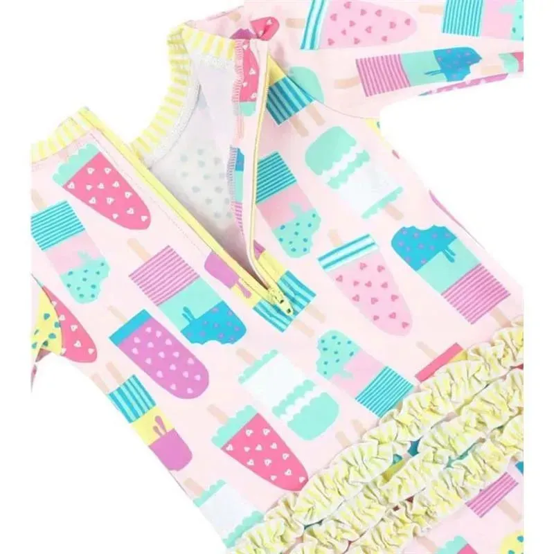RuffleButts - Baby Girl Social One Piece Rash Guard, Ice Cream - Image 2