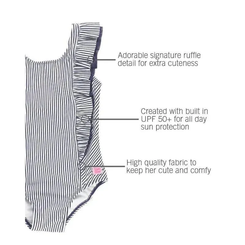 RuffleButts - Baby Girl Stripe Waterfall One Piece, Navy - Image 2