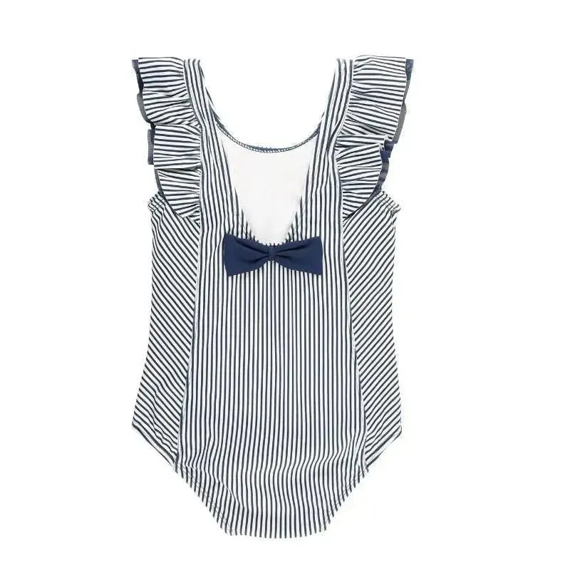 RuffleButts - Baby Girl Stripe Waterfall One Piece, Navy - Image 3