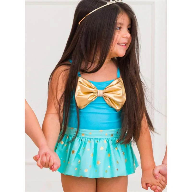 Rufflebutts - Baby Girl Teal Golde Princess Big Bow Skirted One Piece Swimsuit