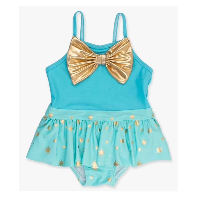 Rufflebutts - Baby Girl Teal Golde Princess Big Bow Skirted One Piece Swimsuit - Image 2