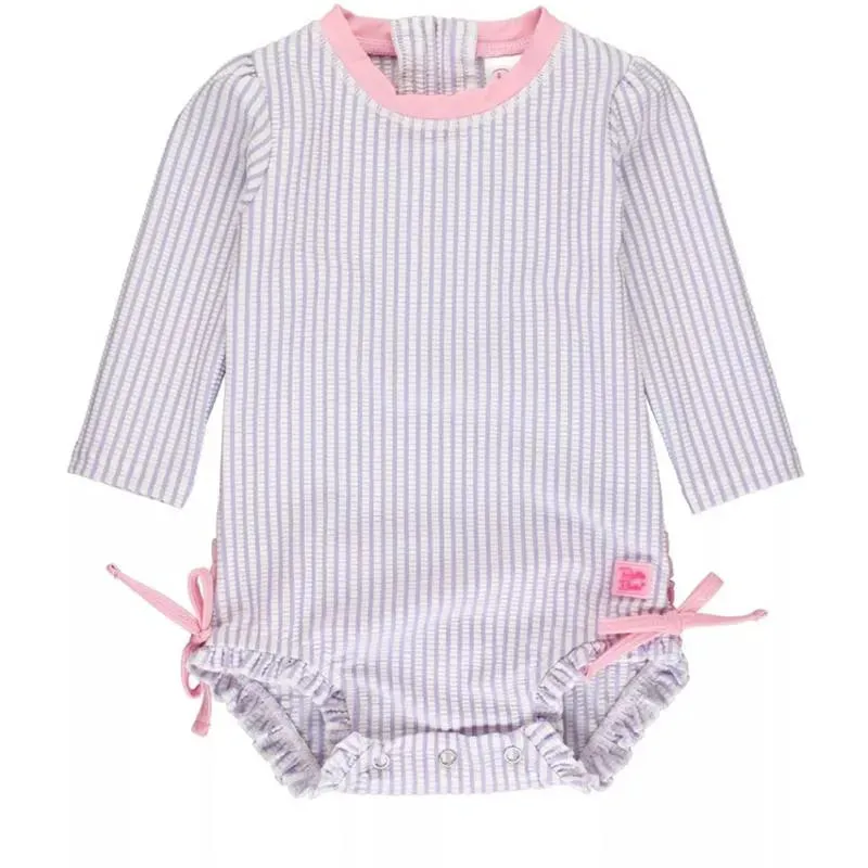 Rufflebutts - Baby Girls Lavender Seersucker Long Sleeve One Piece Rash Guard, Purple