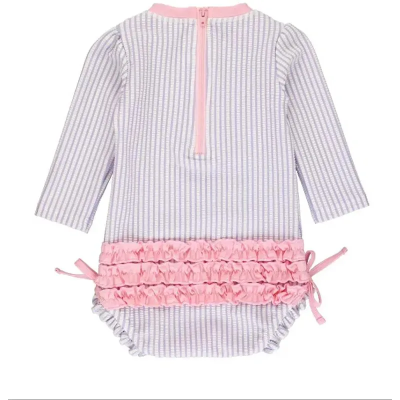 Rufflebutts - Baby Girls Lavender Seersucker Long Sleeve One Piece Rash Guard, Purple - Image 2