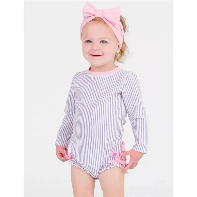Rufflebutts - Baby Girls Lavender Seersucker Long Sleeve One Piece Rash Guard, Purple - Image 3
