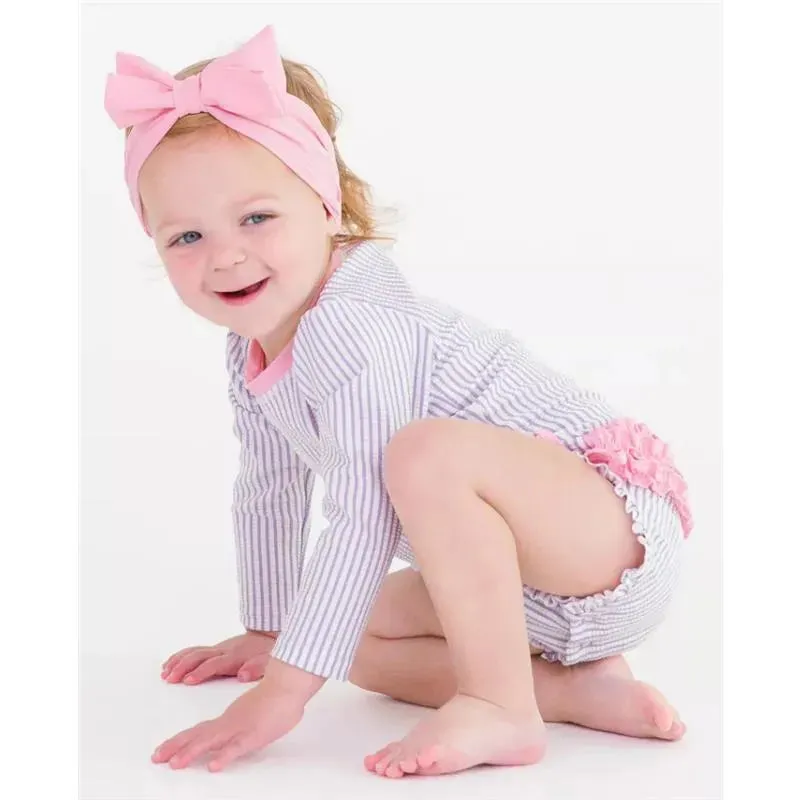 Rufflebutts - Baby Girls Lavender Seersucker Long Sleeve One Piece Rash Guard, Purple - Image 4