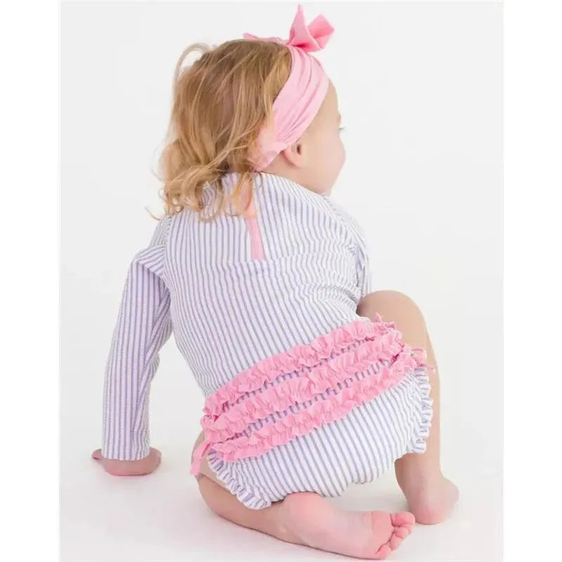 Rufflebutts - Baby Girls Lavender Seersucker Long Sleeve One Piece Rash Guard, Purple - Image 5