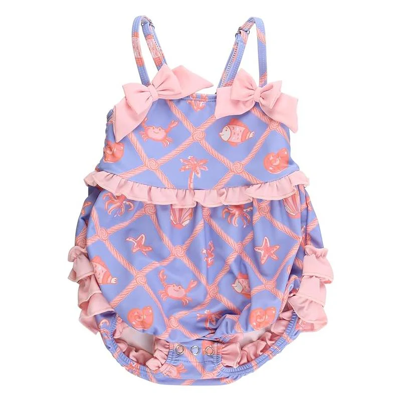 Rufflebutts Baby Girls Tropical Trellis One Piece Bow Bubble Romper Swimsuit With Signature Rear Ruffles