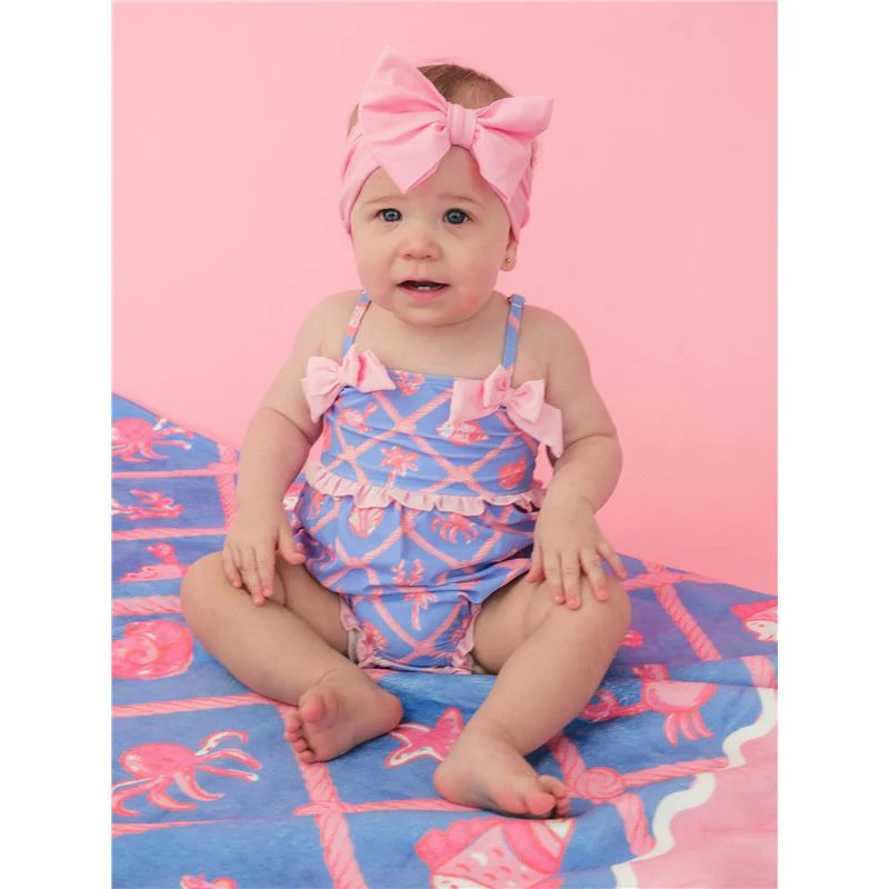 Rufflebutts Baby Girls Tropical Trellis One Piece Bow Bubble Romper Swimsuit With Signature Rear Ruffles - Image 2