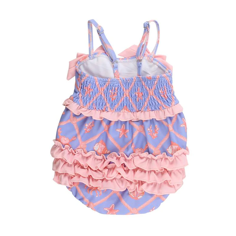 Rufflebutts Baby Girls Tropical Trellis One Piece Bow Bubble Romper Swimsuit With Signature Rear Ruffles - Image 3