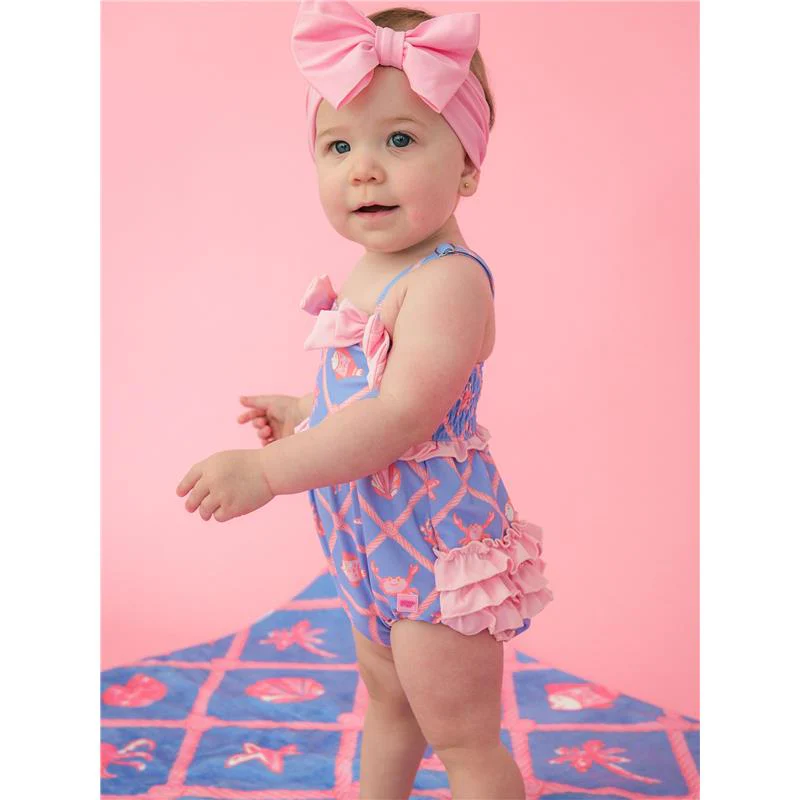 Rufflebutts Baby Girls Tropical Trellis One Piece Bow Bubble Romper Swimsuit With Signature Rear Ruffles - Image 5
