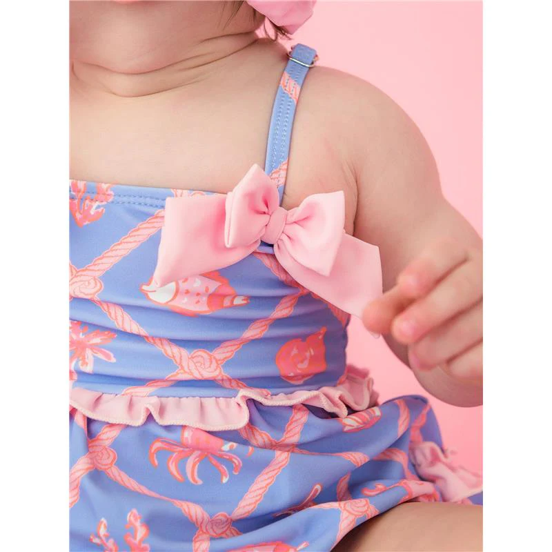 Rufflebutts Baby Girls Tropical Trellis One Piece Bow Bubble Romper Swimsuit With Signature Rear Ruffles - Image 6