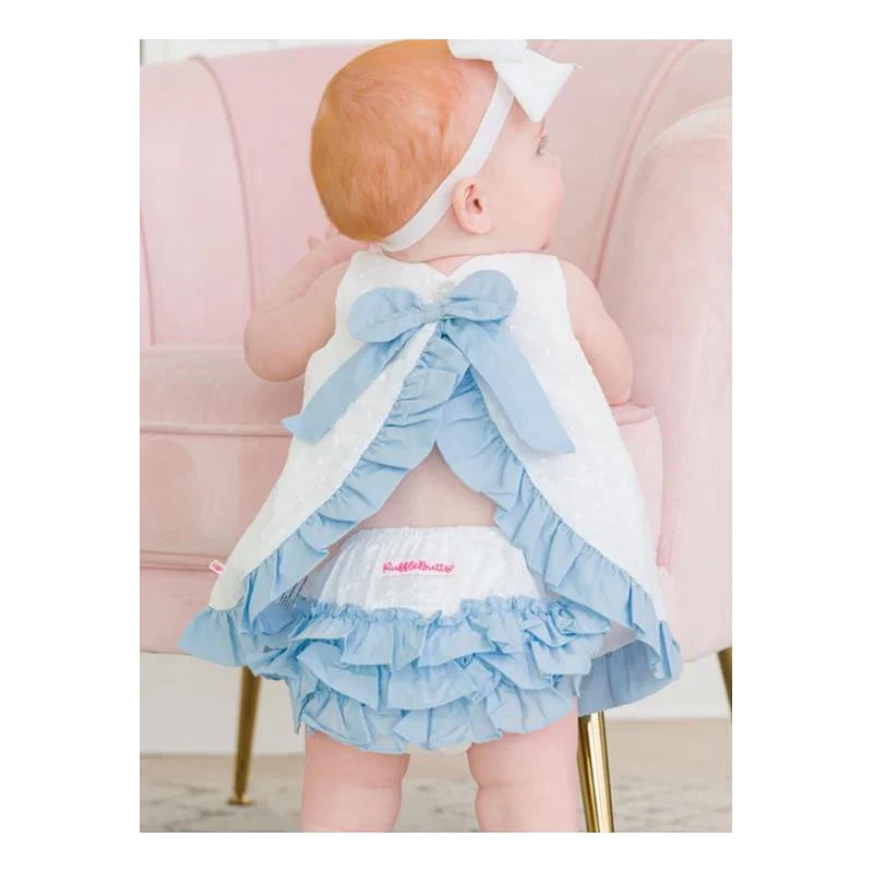Rufflebutts - Baby Girls White & Light Blue Swing Top & Bloomer Set White - Image 2