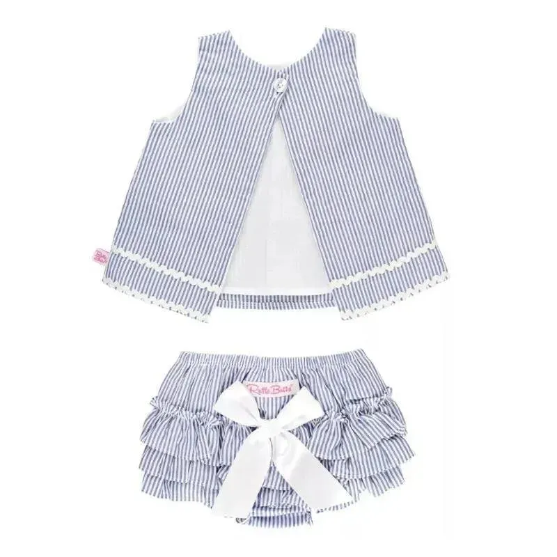 RuffleButts - Girls Blue Seersucker Ric Rac Swing Top & Bloomer Set - Image 2