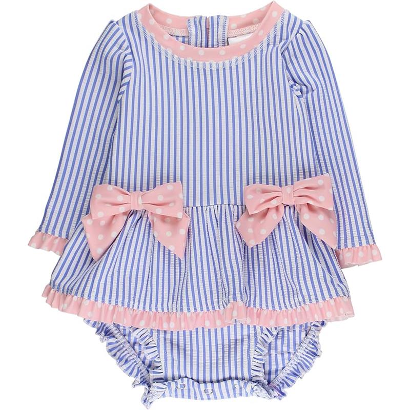 Rufflebutts Girls Periwinkle Blue Seersucker Long Sleeve One Piece Bow Peplum Rash Guard Swimsuit With Zipper