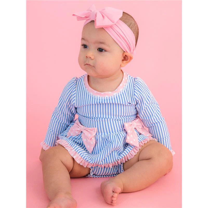Rufflebutts Girls Periwinkle Blue Seersucker Long Sleeve One Piece Bow Peplum Rash Guard Swimsuit With Zipper - Image 2