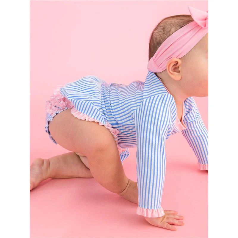 Rufflebutts Girls Periwinkle Blue Seersucker Long Sleeve One Piece Bow Peplum Rash Guard Swimsuit With Zipper - Image 3