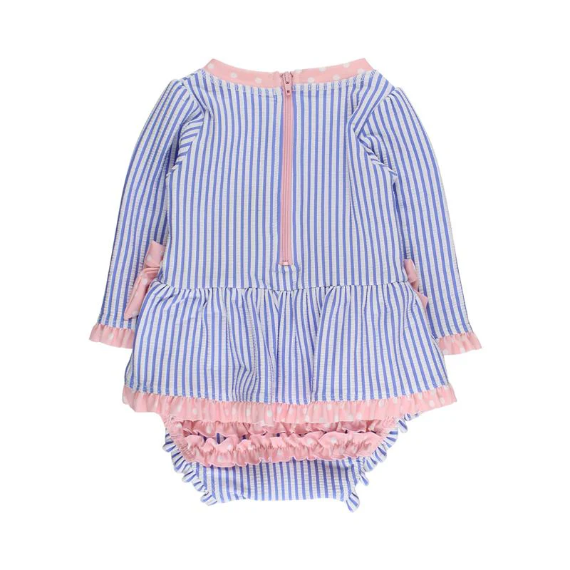 Rufflebutts Girls Periwinkle Blue Seersucker Long Sleeve One Piece Bow Peplum Rash Guard Swimsuit With Zipper - Image 4