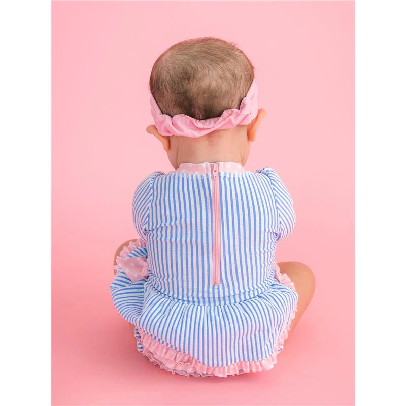 Rufflebutts Girls Periwinkle Blue Seersucker Long Sleeve One Piece Bow Peplum Rash Guard Swimsuit With Zipper - Image 6