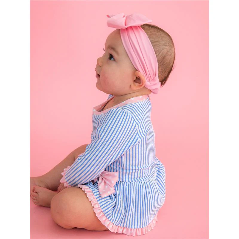 Rufflebutts Girls Periwinkle Blue Seersucker Long Sleeve One Piece Bow Peplum Rash Guard Swimsuit With Zipper - Image 7