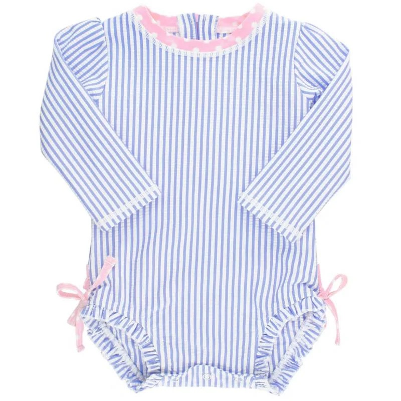 Rufflebutts Girls Periwinkle Blue Seersucker Long Sleeve One Piece Rash Guard With Zipper, Newborn