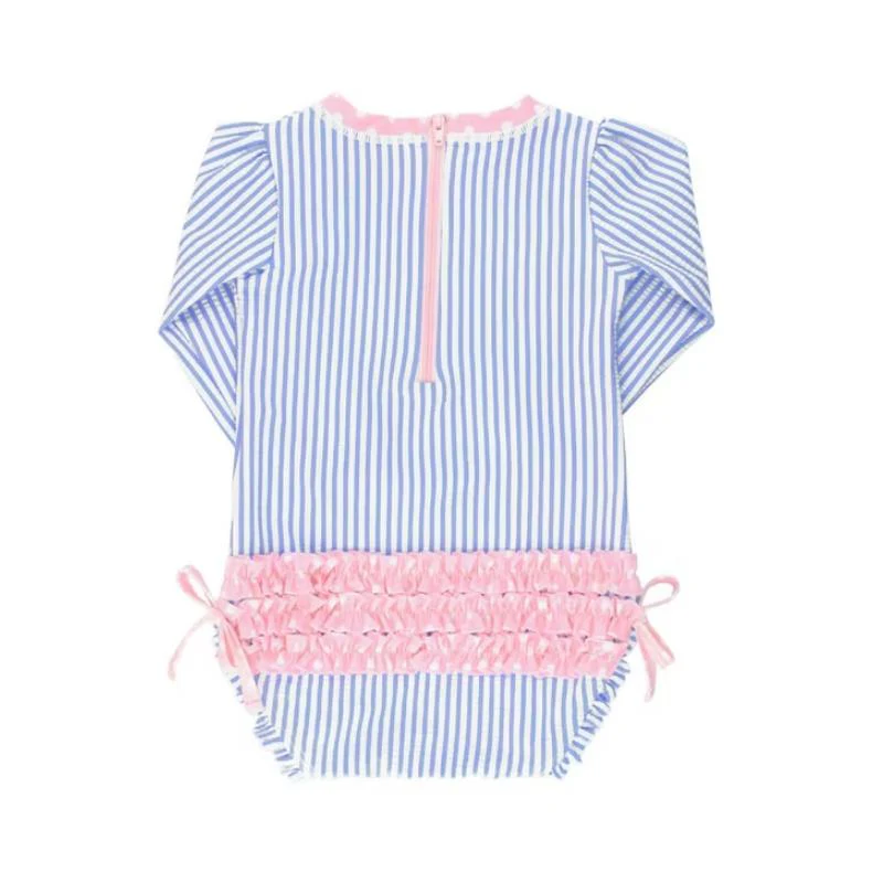 Rufflebutts Girls Periwinkle Blue Seersucker Long Sleeve One Piece Rash Guard With Zipper, Newborn - Image 2
