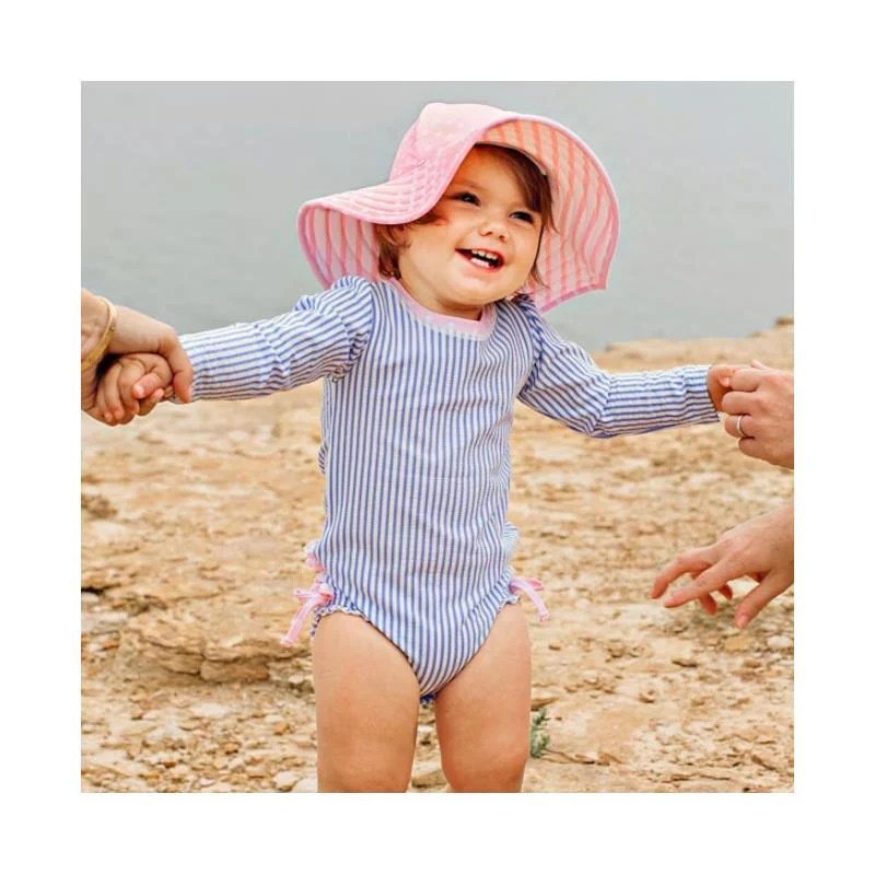 Rufflebutts Girls Periwinkle Blue Seersucker Long Sleeve One Piece Rash Guard With Zipper, Newborn - Image 3